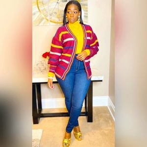 Striped puff sleeve cardigan sweater